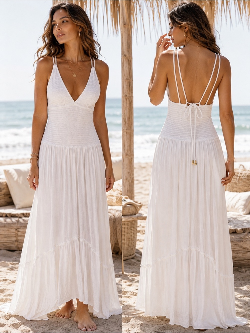 Free People White Smocked Maxi Dress Beach Boho Sz M NWOT - Picture 3 of 13